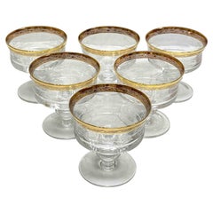 Vintage Set of Six Glass Champagne Goblets with 24k Gold Rim, Moser Glass Carlsbad
