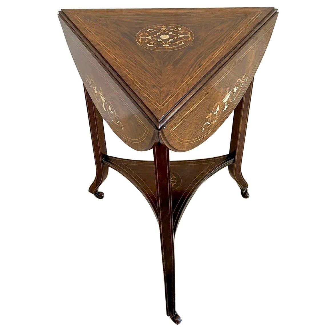 Unusual Antique Edwardian Quality Rosewood Inlaid Drop Leaf Centre Table For Sale
