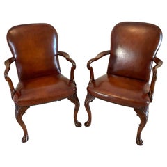 Pair of Antique Quality Leather and Carved Mahogany Desk Chairs