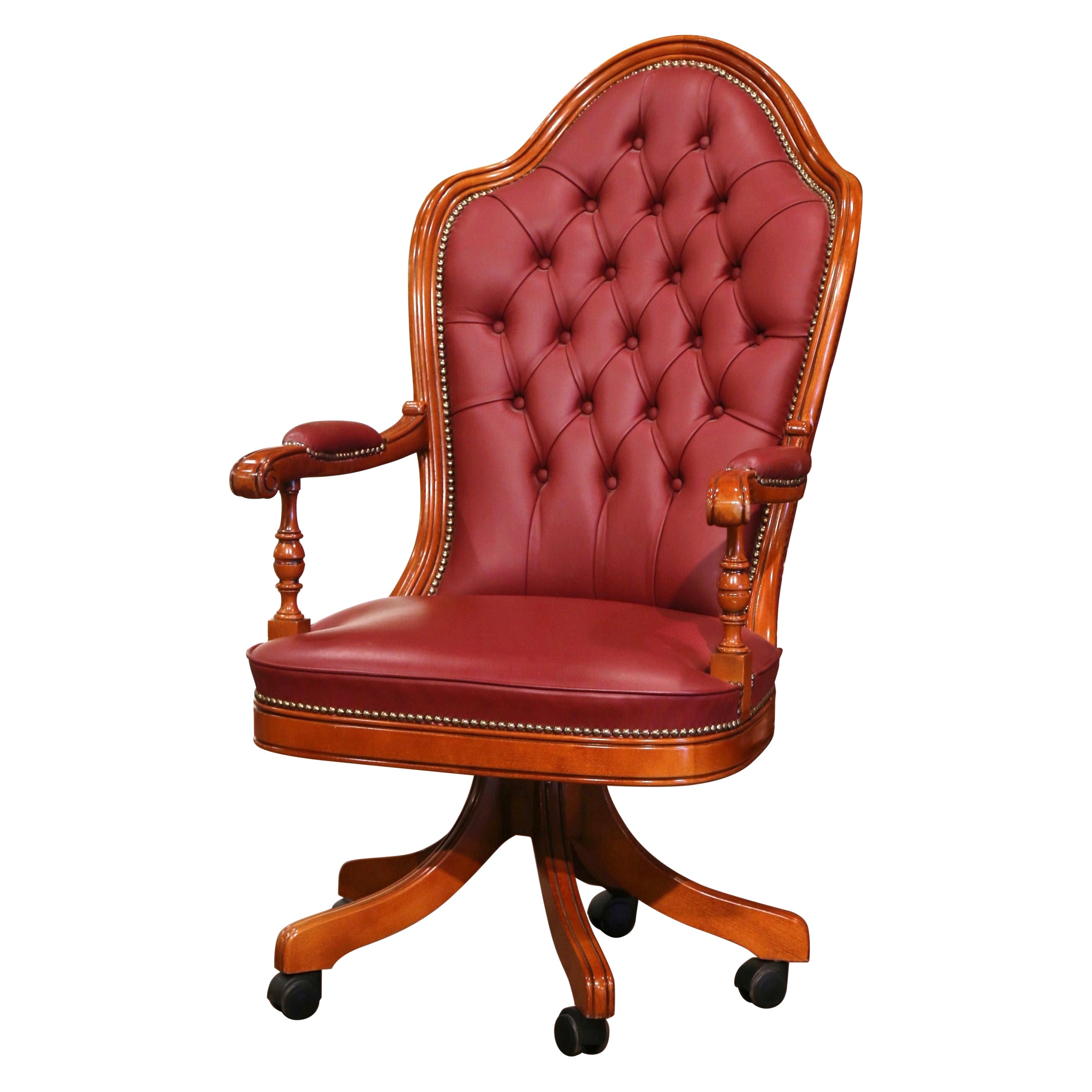 Vintage Italian Walnut Executive Swivel Desk Armchair with Red Tufted Leather