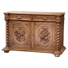 19th Century French Henri II Carved Bleached Oak Cabinet with Floral Motifs