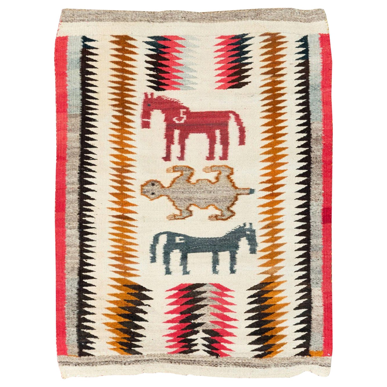 Tribal Mid-20th Century Handmade American Pictorial Flatweave Navajo Throw Rug For Sale