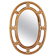 Vintage Spanish Bamboo and Rattan Large Oval Mirror, 1960s