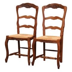 Pair of Mid-Century Country French Ladder Back Chairs with Rush Seat