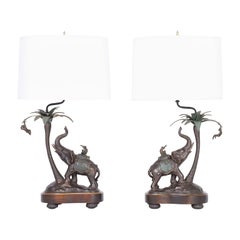 Vintage Pair of Bronze Elephant Table Lamps