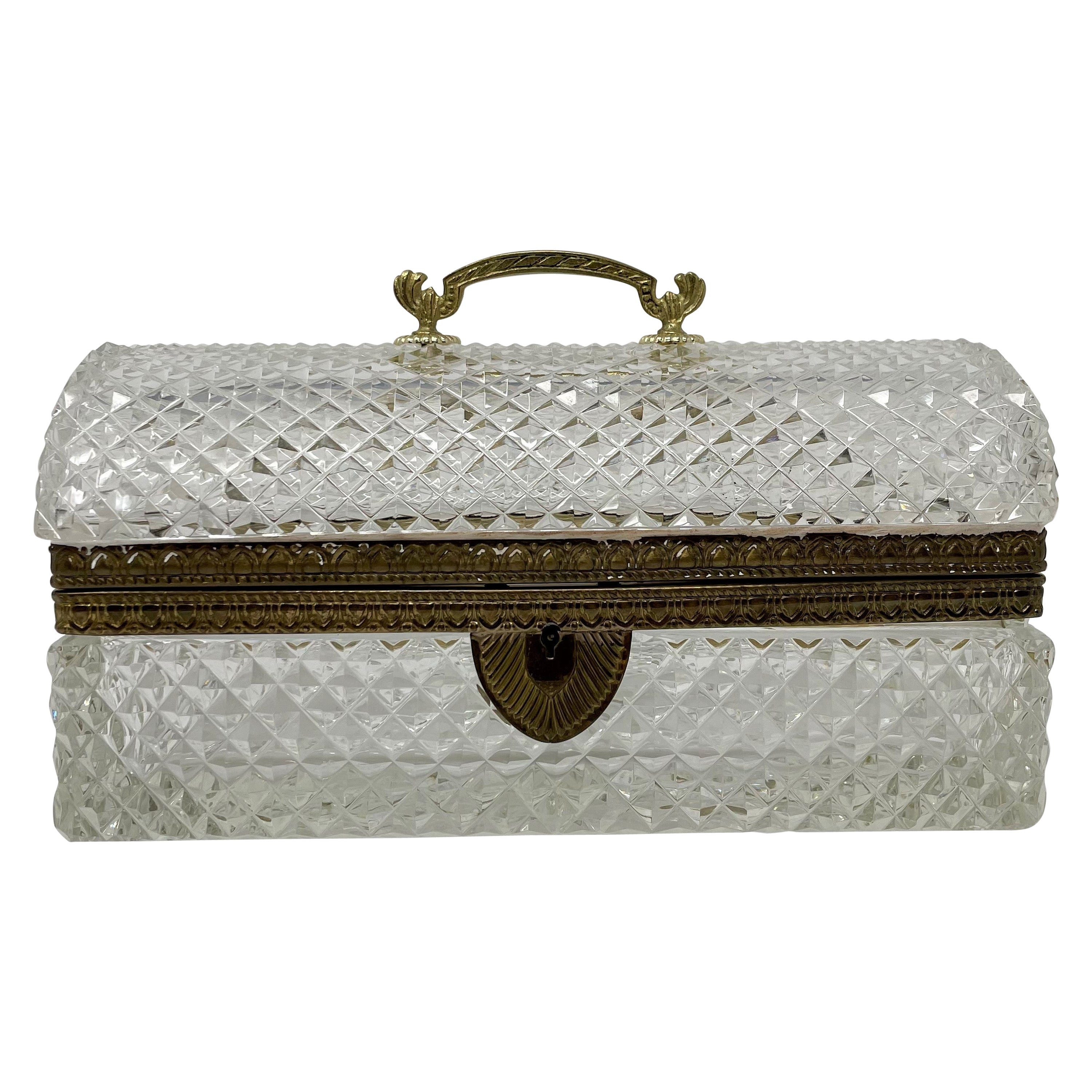 Antique French Cut Crystal Jewel Box with Bronze D'ore Mounts, Circa 1900-1920