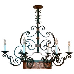 Antique French Wrought-Iron and Copper Provincial Chandelier, circa 1880's