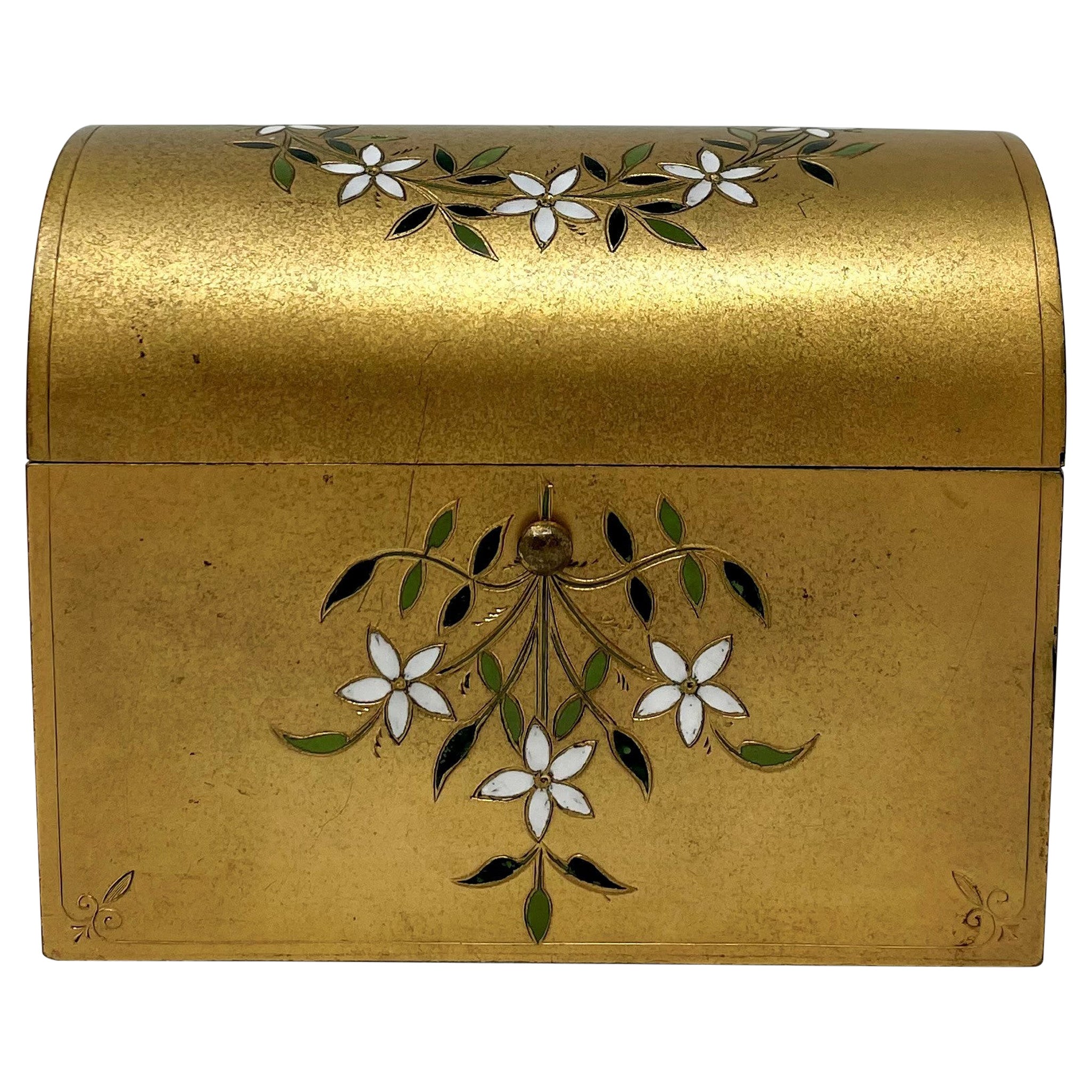 Antique French Art Nouveau Bronze D'ore Jewel Box with Enamel Flowers Ca. 1920.