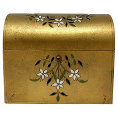 Antique French Art Nouveau Bronze D'ore Jewel Box with Enamel Flowers Ca. 1920.