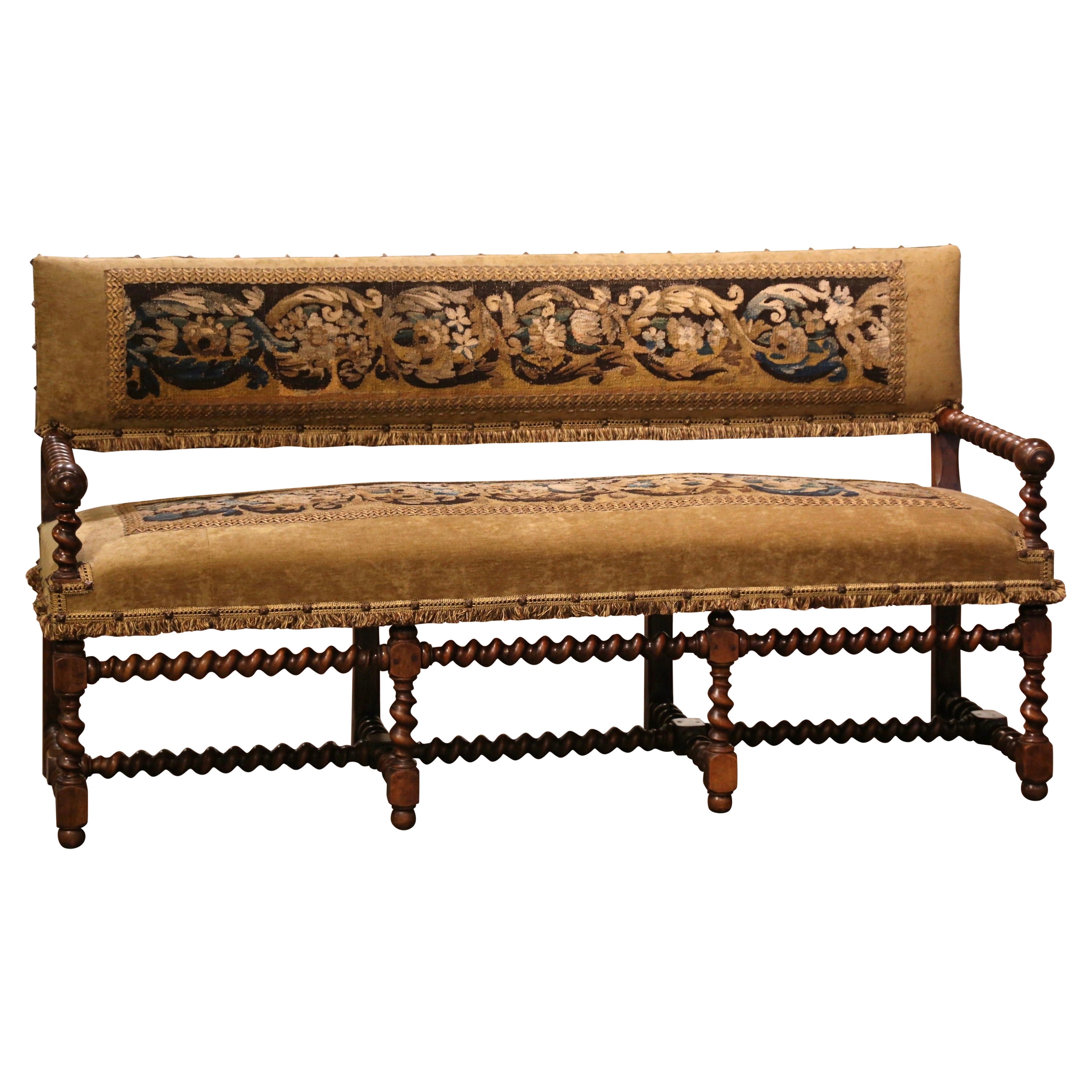 19th Century French Louis XIII Barley Twist Walnut Bench with Aubusson Tapestry
