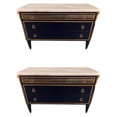 Pair of Ebony Hollywood Regency Jansen Style Greek Key Marble-Top Commodes