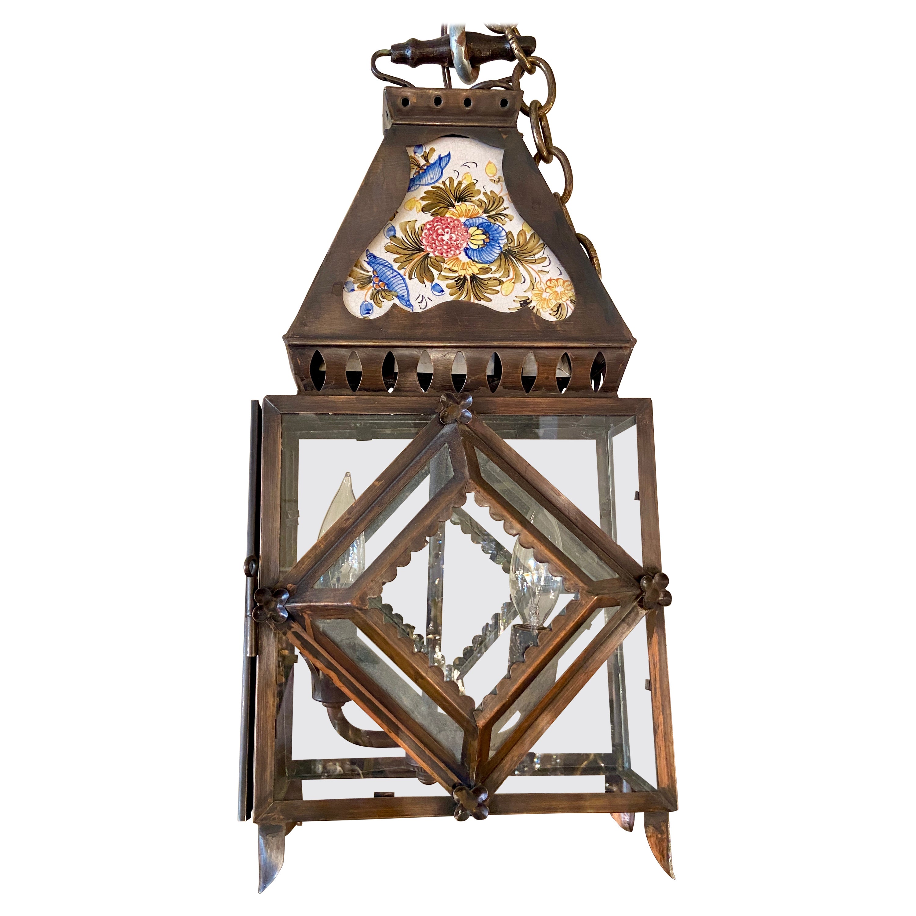 Estate Hand-Made Italian Porcelain-Mounted Copper Lantern