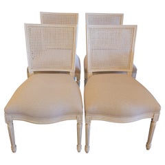 Luxurious Set of 4 Painted Carved Wood & Herringbone Upholstered Dining Chairs
