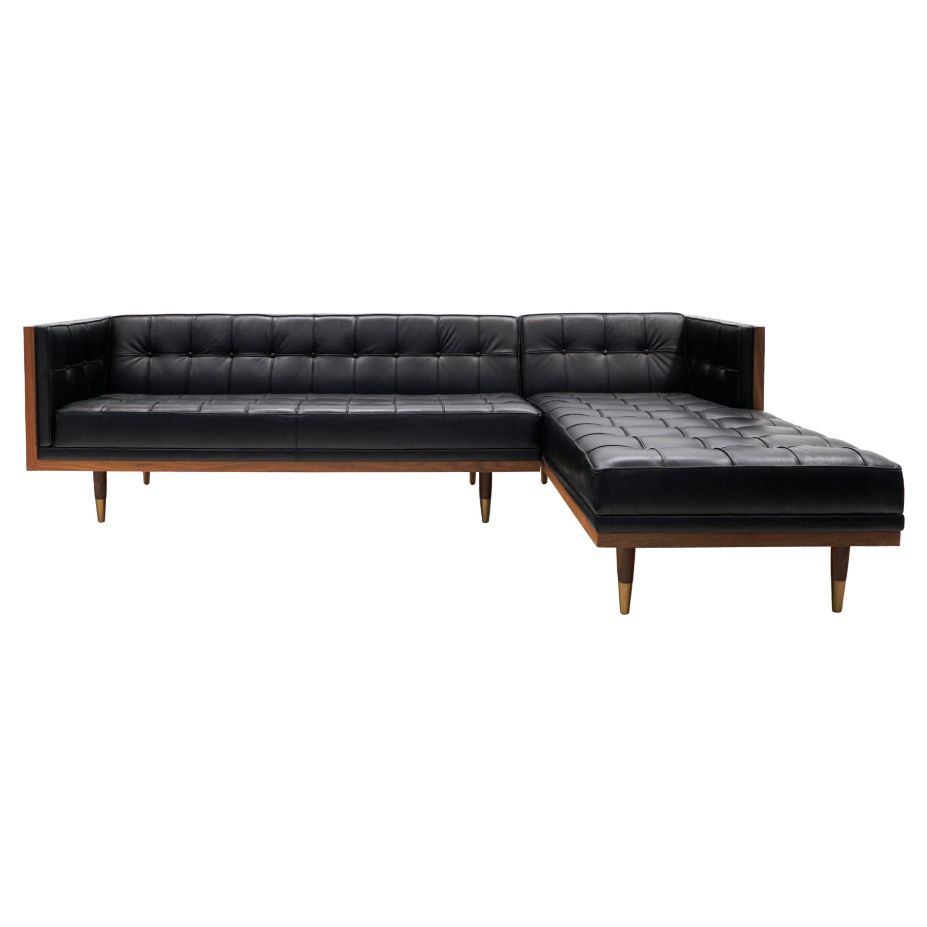 Case Sofa Sectional with Chaise in Black Leather and Walnut by Kardiel