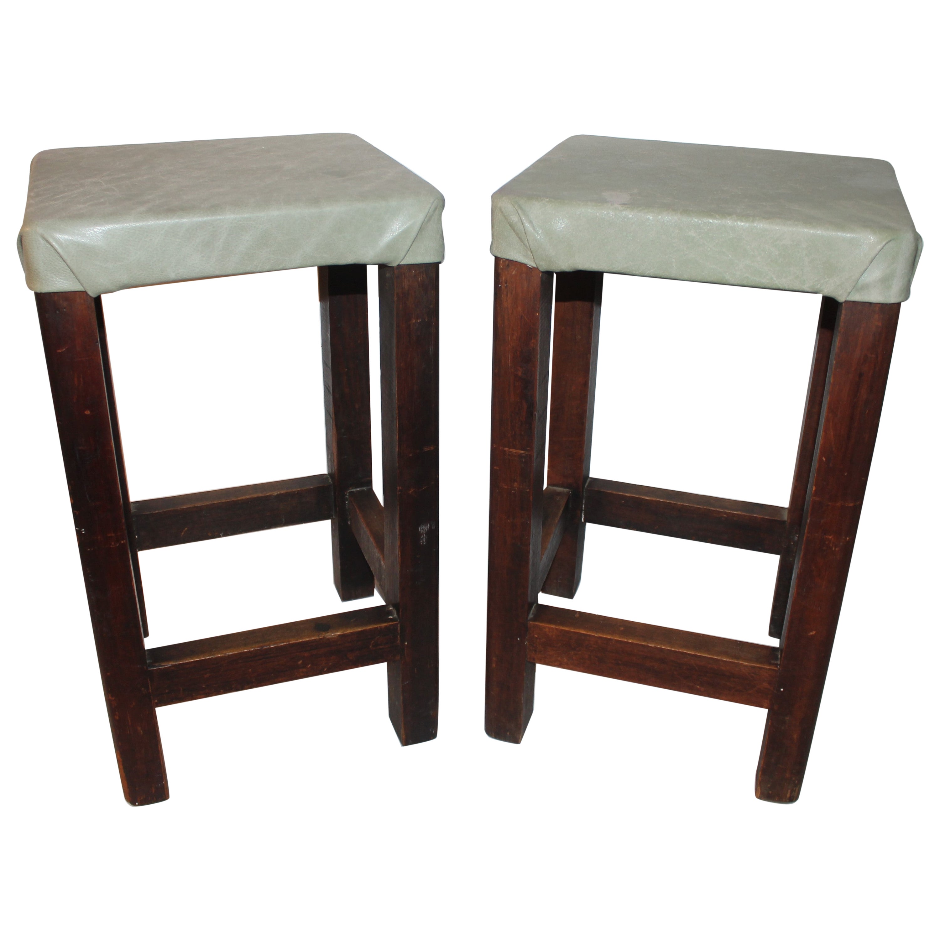 Pair of Barstools with Sage Green Leather Seats For Sale