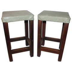 Antique Pair of Barstools with Sage Green Leather Seats