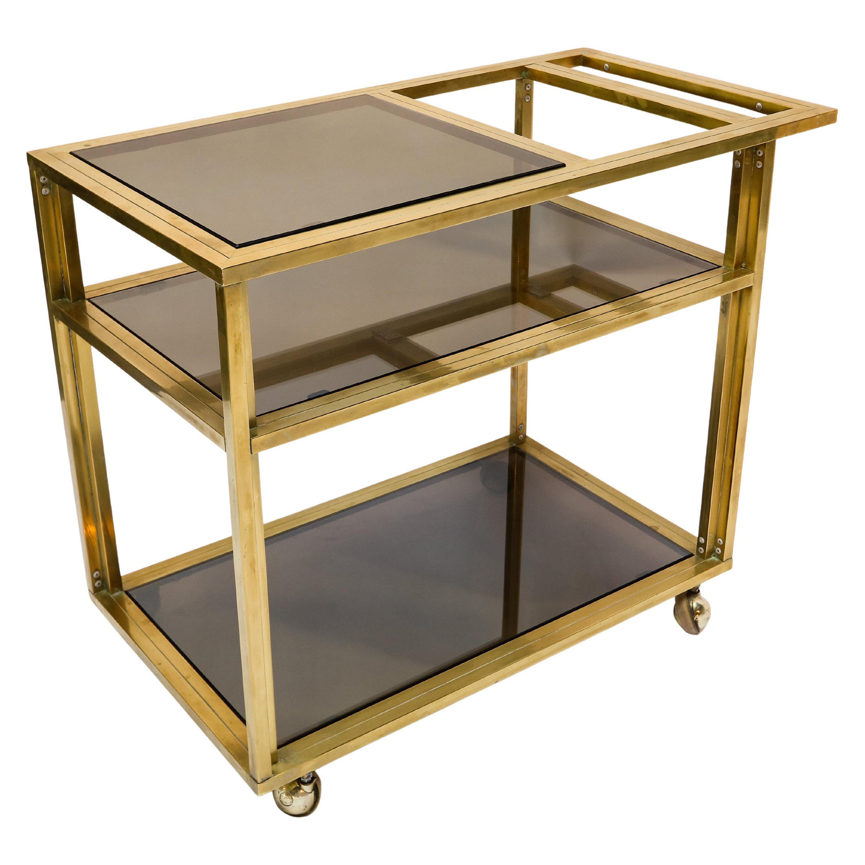 Midcentury Brass Rolling Tea Cart Bar Cart with Glass Shelves at 1stDibs
