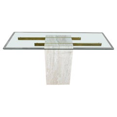 Vintage Modern Console Sofa Table Travertine & Brass Plate with Glass Top Style Artedi