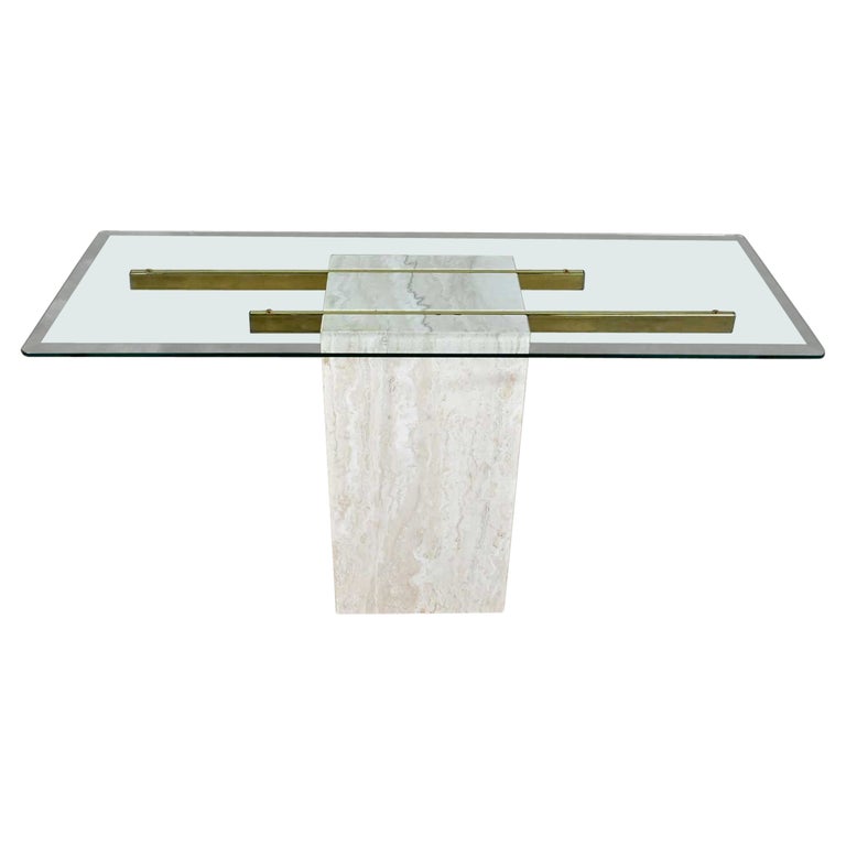 Modern Console Sofa Table Travertine & Brass Plate with Glass Top Style Artedi For Sale