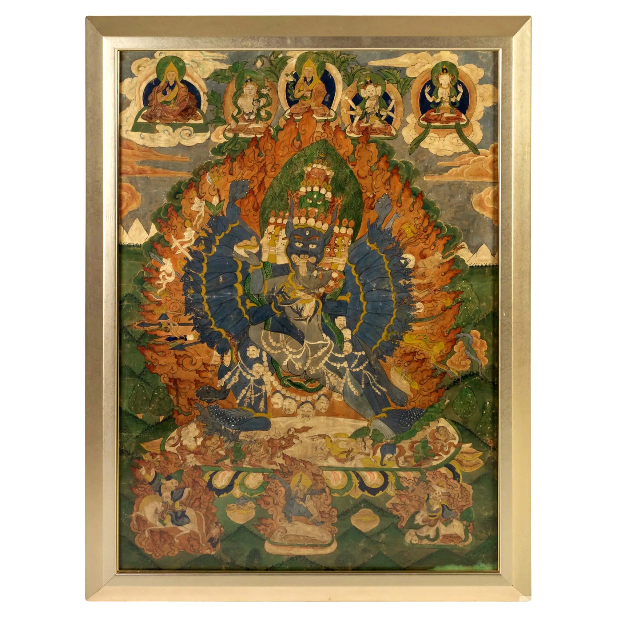 Framed Antique Tibetan Thangka of Yamantaka with Consort For Sale