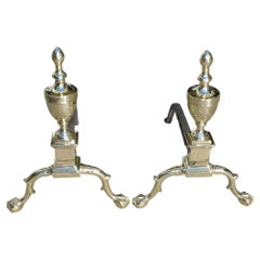 Pair of American Federal Brass Urn Finial Andirons with Ball & Claw Feet C 1800