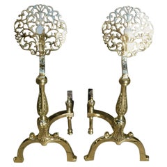 Pair of English Brass Foliage Medallion Andirons with Urn Finial Log Stops, 1840