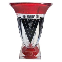 Art Deco Large Glass & Enamel Etched Vase, Czech Republic, c1930
