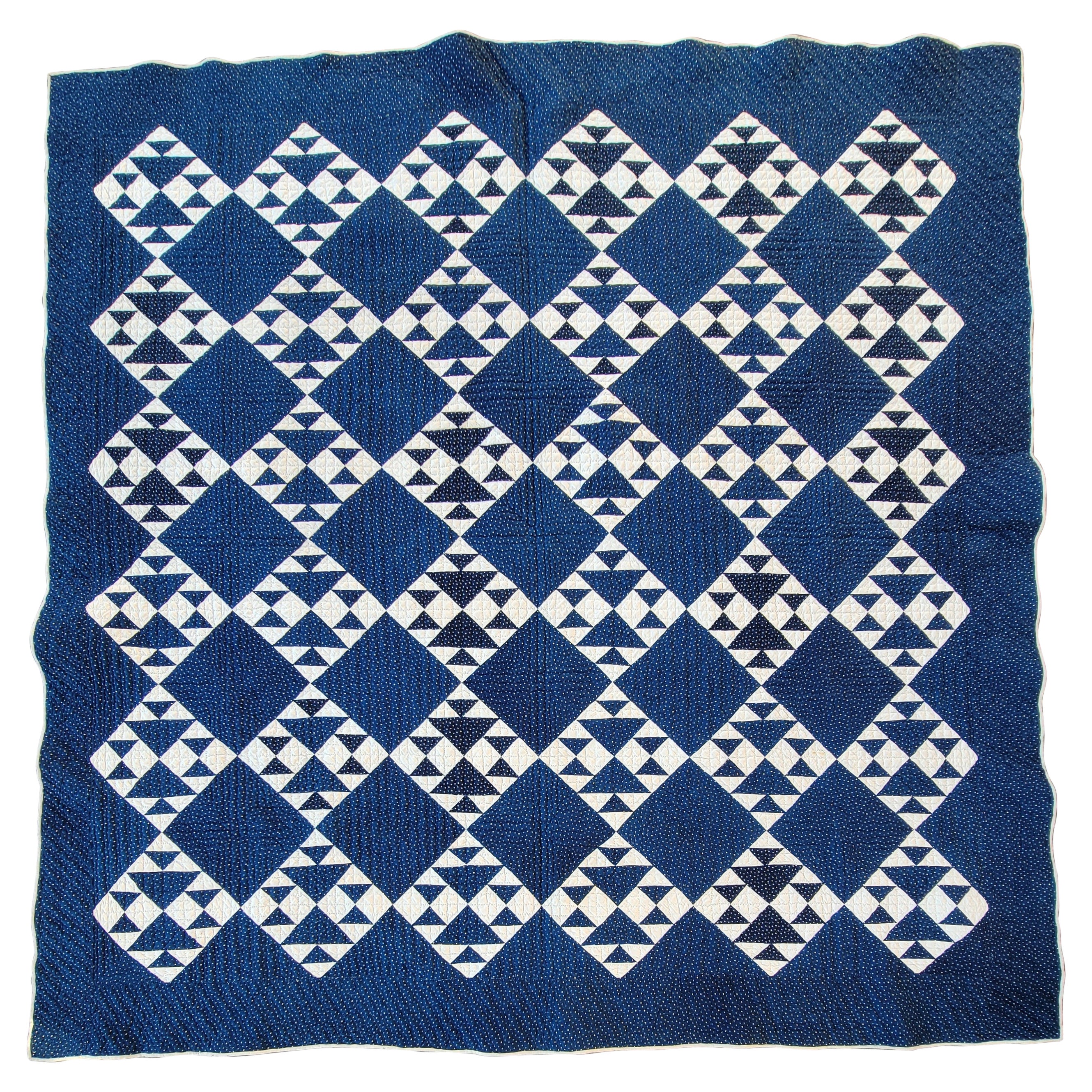 19th C Indigo & White Crown of Thorns Quilt For Sale