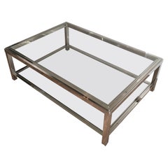 Large Chrome Coffee Table with Two Glass Shelves, French, Circa 1970