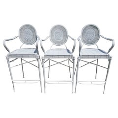 Vintage Palm Beach Coastal White Wrought Iron Bar Stools Bamboo Rattan Bentwood