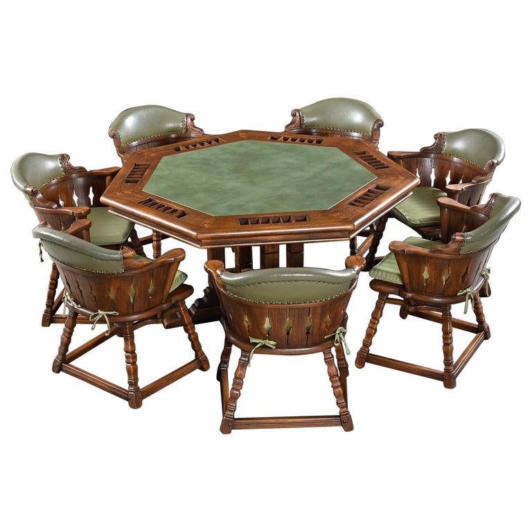 Classic 7Player Viking Oak Poker Table Set by Romweber in Green Vinyl