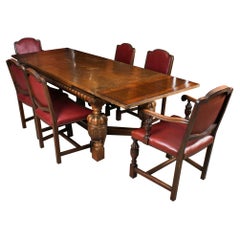 Antique Jacobean Revival Oak Refectory Dining Table & 6 Chairs 20th C