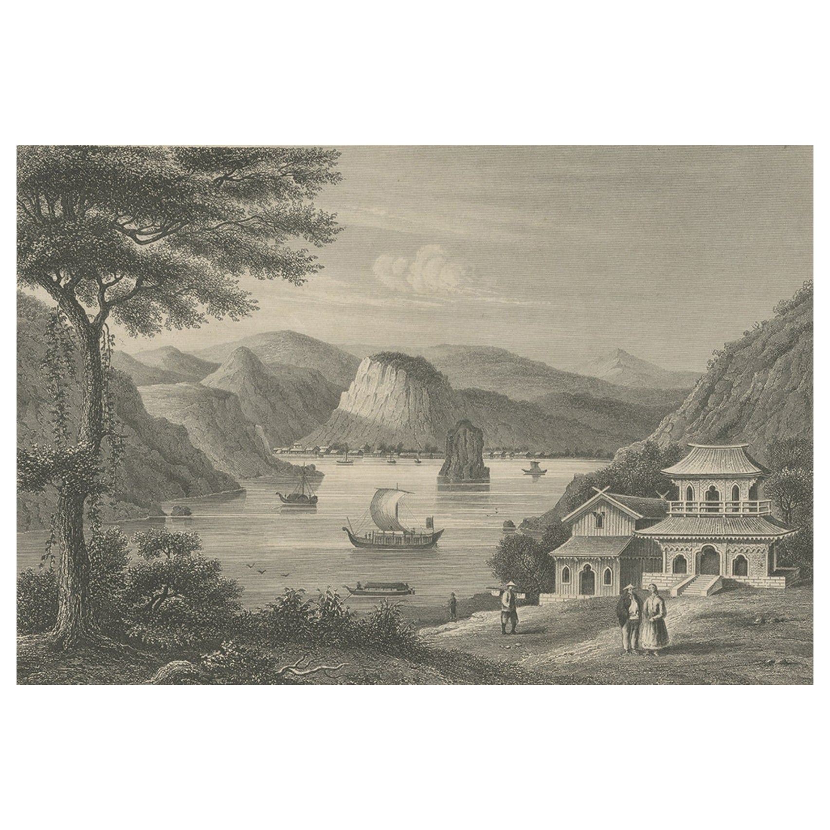 Steel Engraving of Shimoda, a Port Located in Shizuoka Prefecture, Japan, C.1840 For Sale