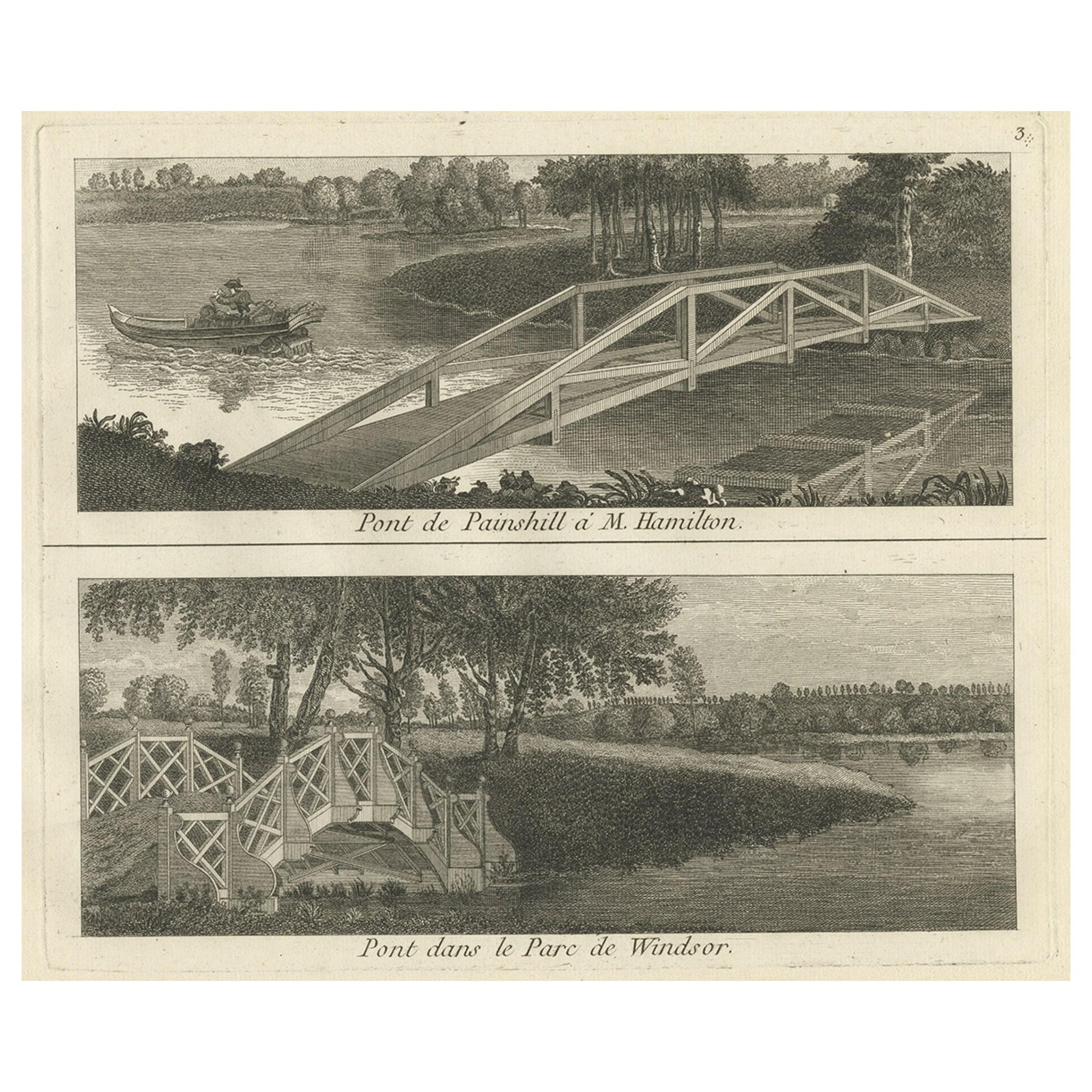 Druck der Brücke von Painshill & Windsor Park, Belfast, Nordirland, 1785 im Angebot