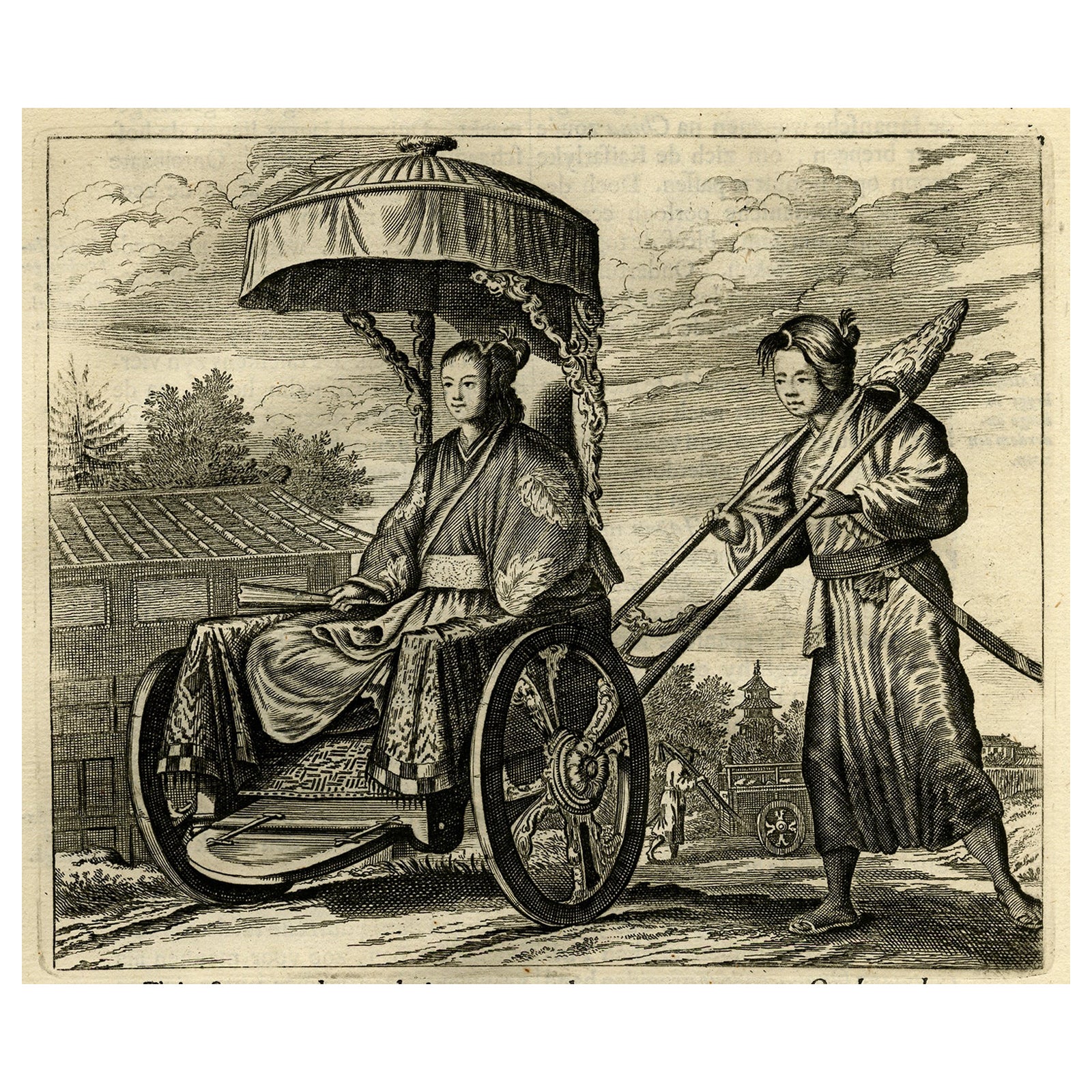 Ancienne estampe japonaise d'une noble transportée dans un Rickshaw ou Jinrikisha, 1669