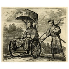 Old Print of Japanese Noblewoman Transported in a Rickshaw or Jinrikisha, 1669
