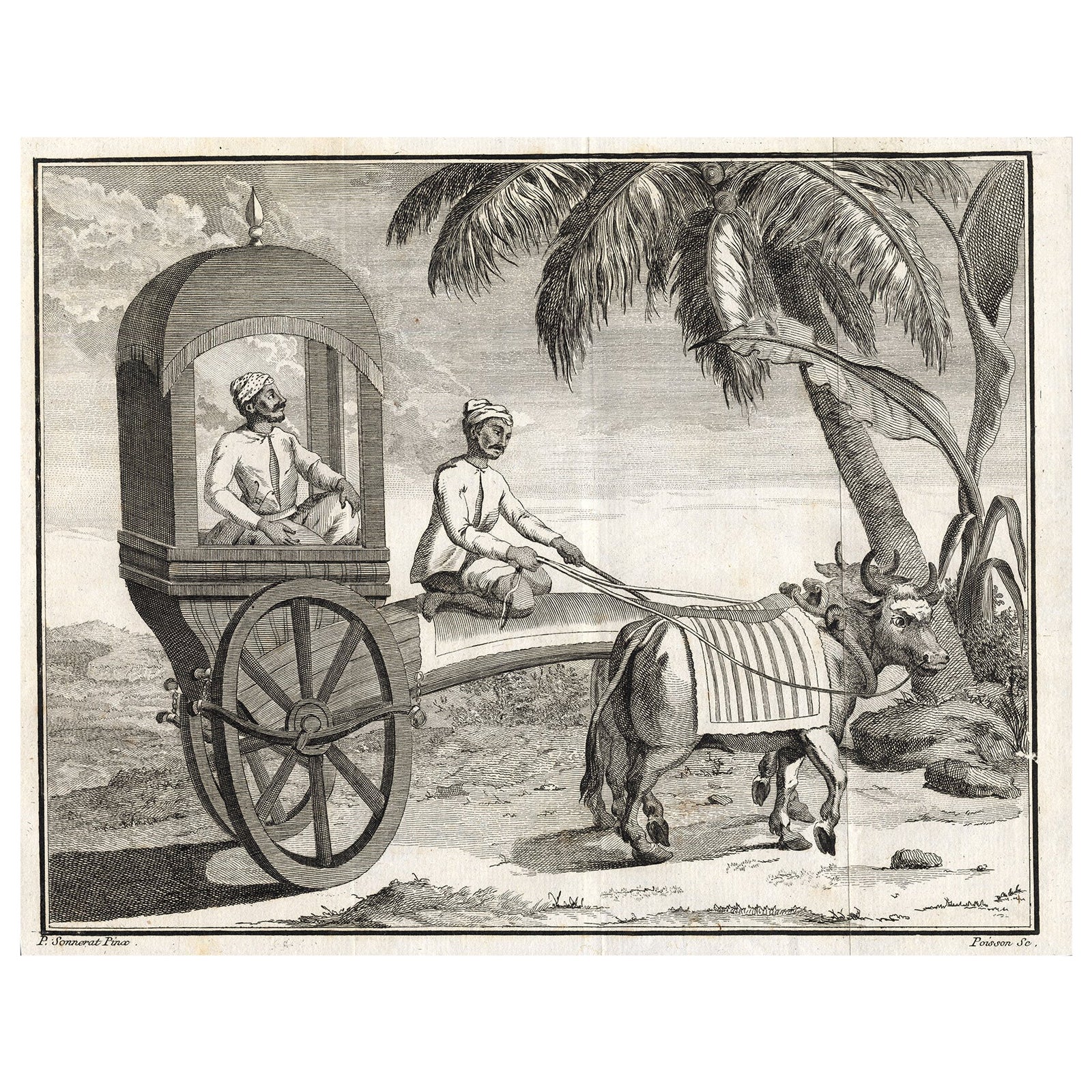 Old Print of an Oriental Man in a Small Carriage Pulled by Oxen, 1782