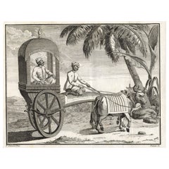 Ancienne estampe d'un homme oriental dans un petit chariot tiré par Oxen, 1782