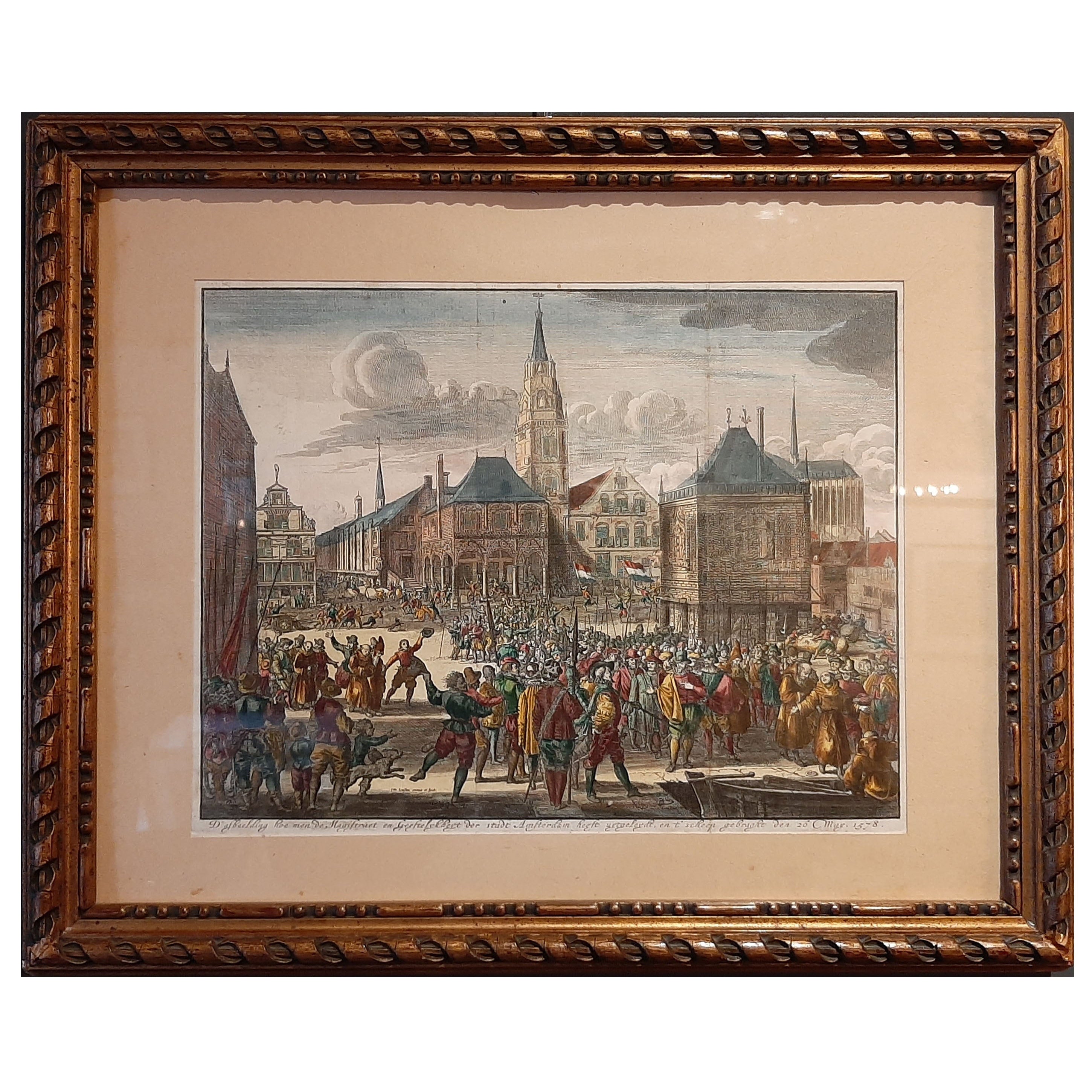 Framed Scene of the Alteration of Amsterdam, Dam square, The Netherlands, c.1720 For Sale