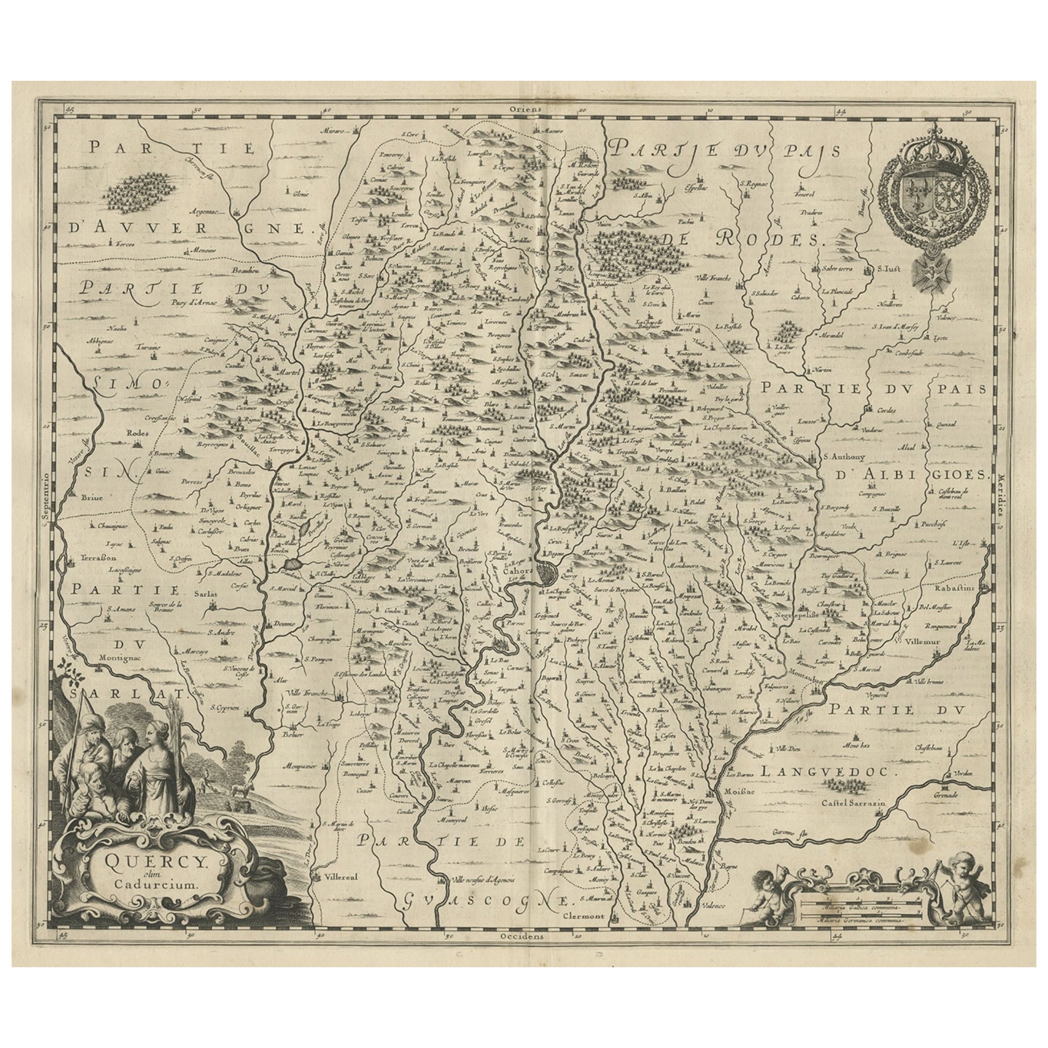 Decorative Antique Map of the Quercy Region in France, 1657 For Sale