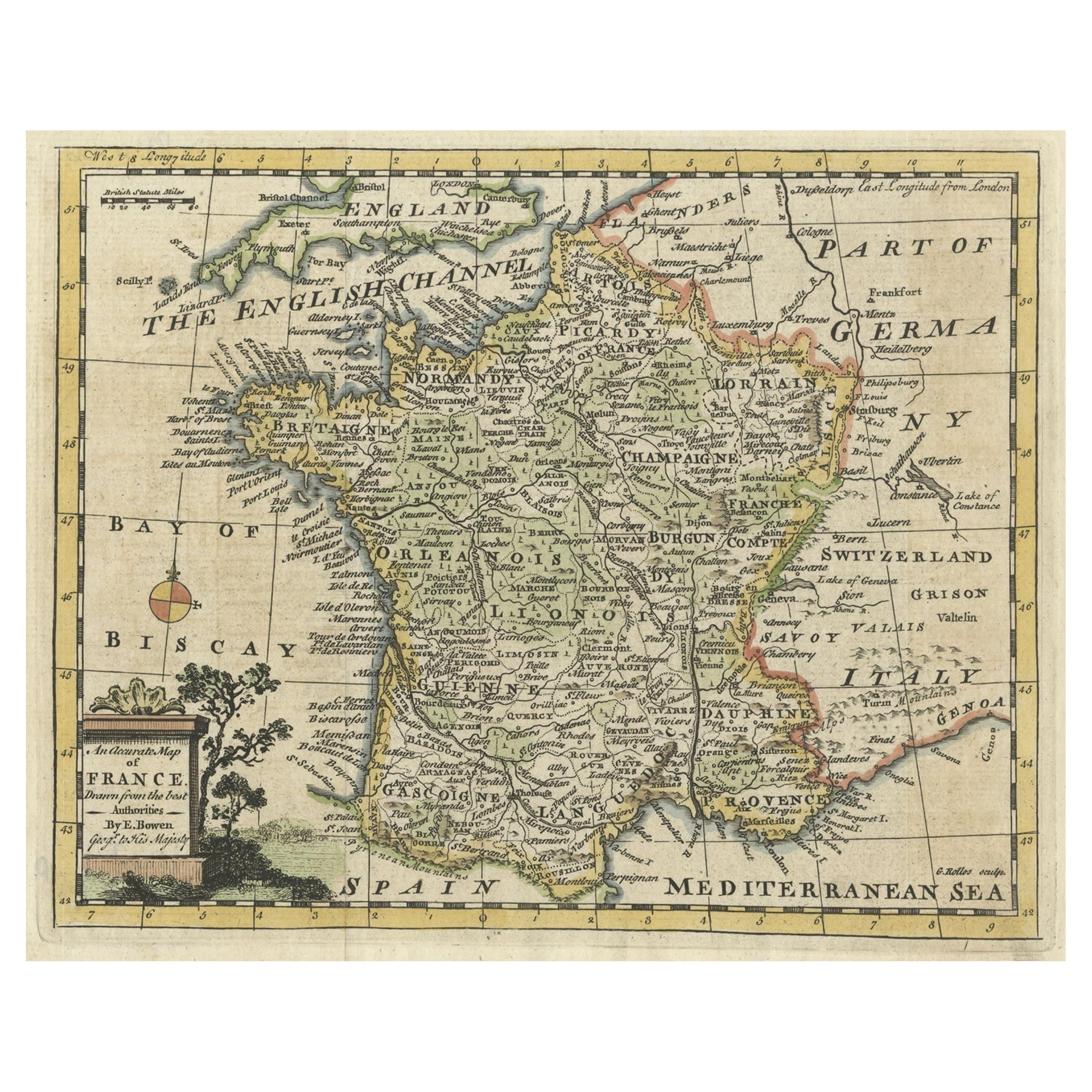 Petite carte ancienne détaillée de la France, avec titre décoratif, cartouche, 1754