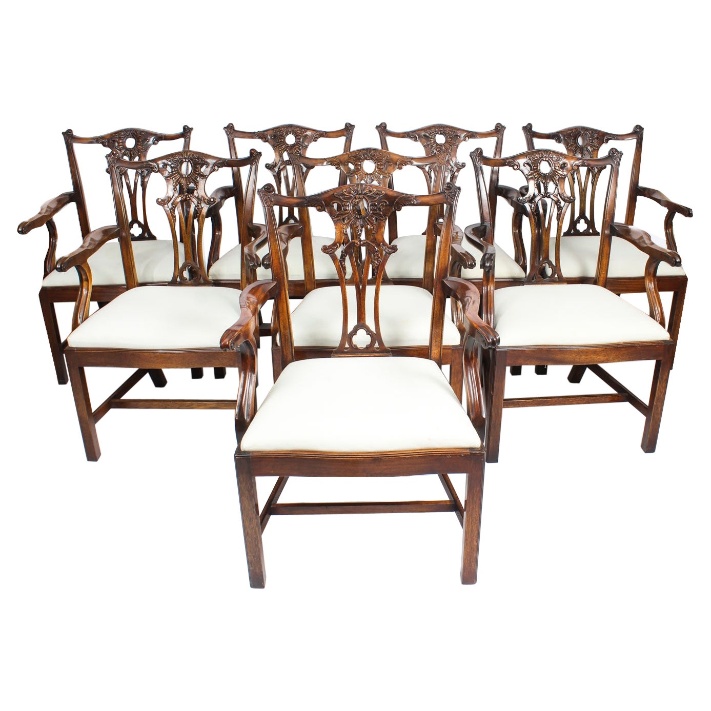 Vintage Set of 8 Chippendale Revival Arm Chairs 20th Century For Sale