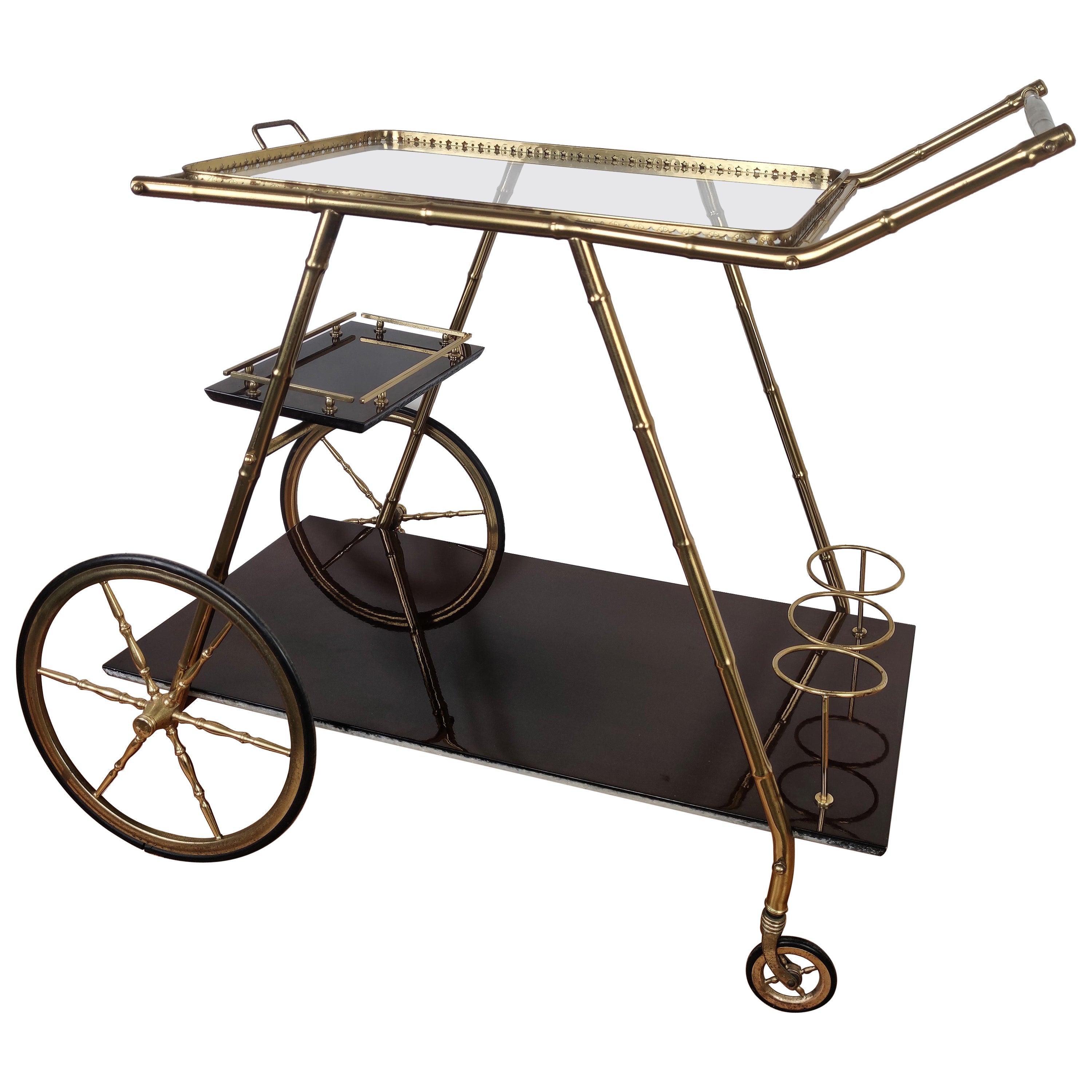 Two-Tier Brass and Glass Bar Cart with Removable Top Tray, Italy, 1970s