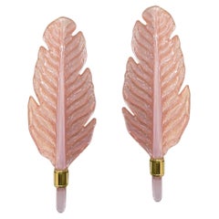 Vintage Contemporary Italian Art Deco Pink Murano Glass & Brass Feather Leaf Sconces