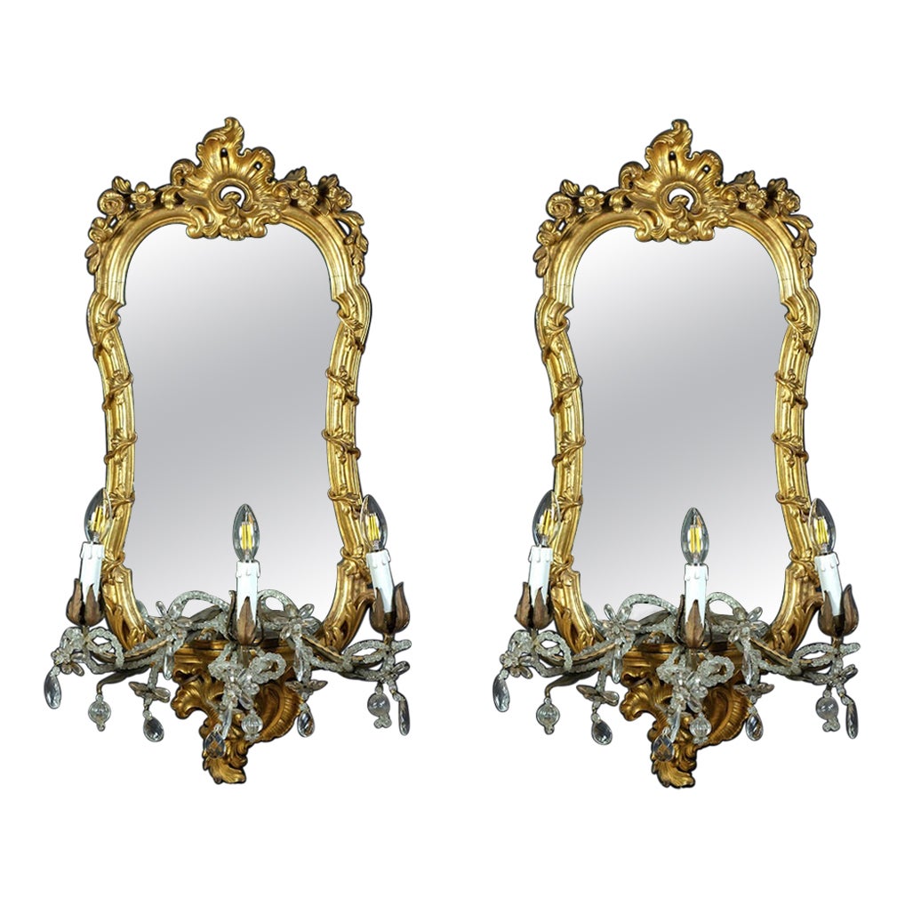 Pair of 18th Century Italian Gilt-wood Mirrors or Wall Lights Roma, 1750 For Sale