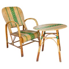 Mid-20th Century Spanish Bamboo, Wood & Woven Wicker 2-Tone Chair & Table Set 
