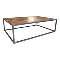 Late 20th Century Spanish Iron Cube Coffee Table w/ Distressed Wood Top