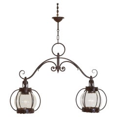 Antique Italian Wrought Iron & Glass Globe 2-Light Lantern Chandelier, ca. 1900