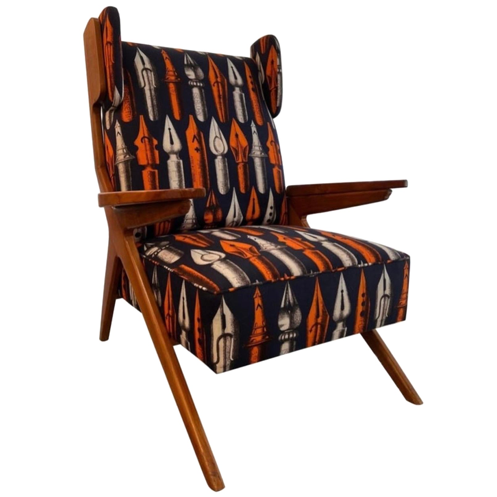 Wingback Library Chair in Piero Fornasetti, Stylo Plume Fabric For Sale