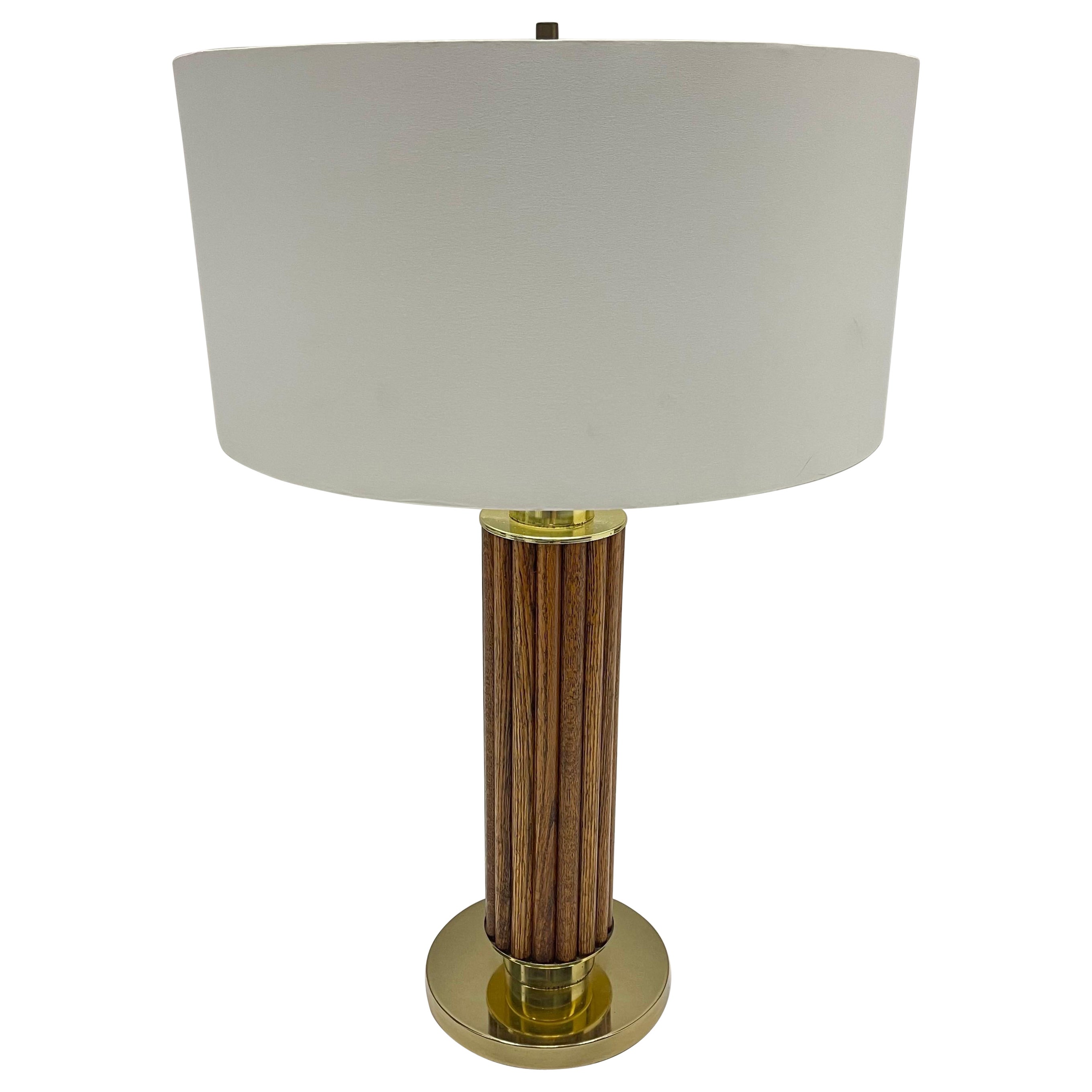 Mid Century American Craft Oak and Brass Reeded Table Lamp, Circa 1970s For Sale